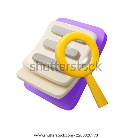 Vector 3d icon search information. Cartoon list with magnifying glass. Simple data analysis concept