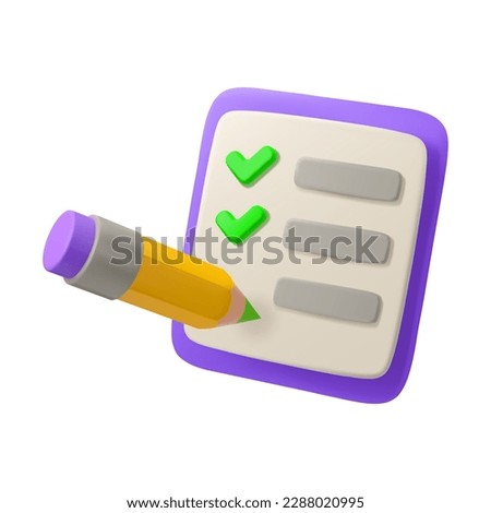 Vector 3d icon todo list with checkmark and pencil. Survey or feedback concept, isolated on white background