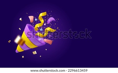 Vector 3d party popper banner. Happy birthday or anniversary background with copy space, isolated on dark background