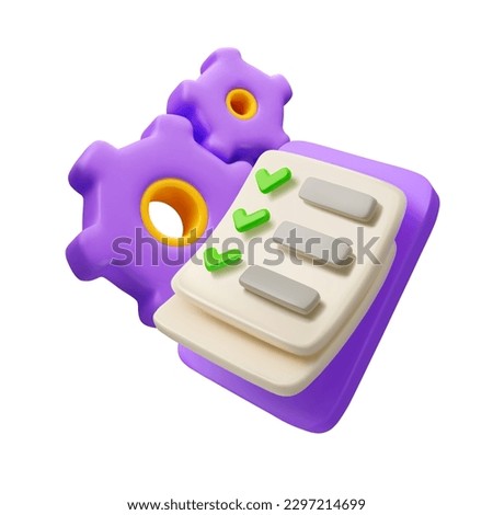 Vector 3d icon technical checklist. Todo list with gears and check marks. Cartoon render illustration isolated on white background