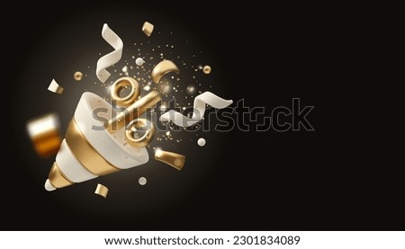 Vector 3d party popper banner. Marketing sale background with copy space, isolated on dark background. Gold and white discount design