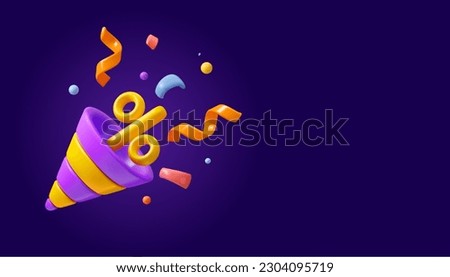 Vector 3d party popper banner. Marketing sale or discount background with copy space, isolated on dark background. Simple render style