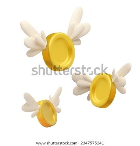 3d gold coins with wings. Flying golden money, vector illustration isolated on white background.