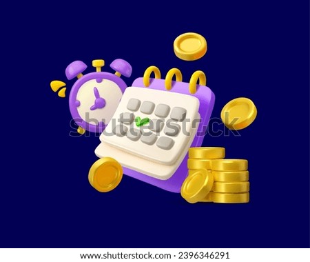 Vector 3d icon calendar with clock and money. Flying golden coins with alarm, reminder of timely payments idea. Time to pay design concept, isolated on dark background.