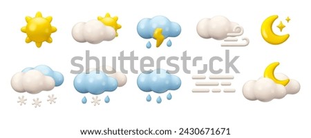 Vector 3d weather icon set. Cartoon render illustration isolated on white background. Sun, clouds, moon and rain. Snowy or foggy day emblem