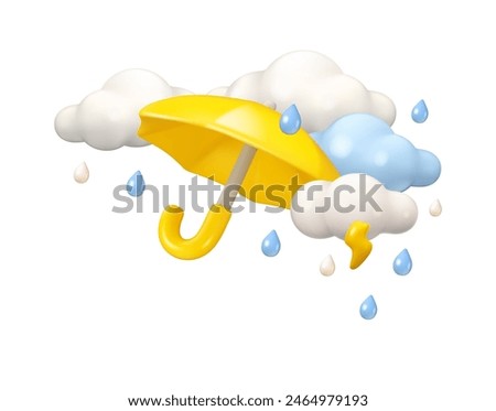 Umbrella with rain and clouds vector 3d design. Yellow parasol illustration with thunderstorm, isolated on white background. Clouds, lightning and raindrops in sky, cartoon style