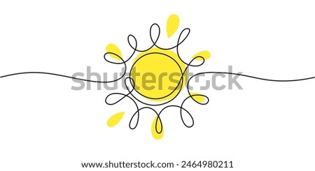 One line yellow sun sketch. Continuous doodle art drawing, shining linear sunny icon with color isolated. Editable stroke