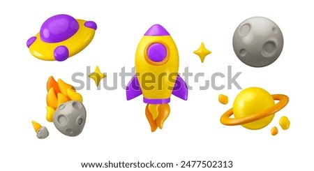 Space icon set vector 3d. Cartoon design elements rocket, ufo, asteroid and planets isolated on white background. Children toy astronomy education collection