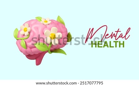 Positive thinking vector 3d banner. World mental health day concept. Cartoon simple brain with flower illustration on blue background,web banner template