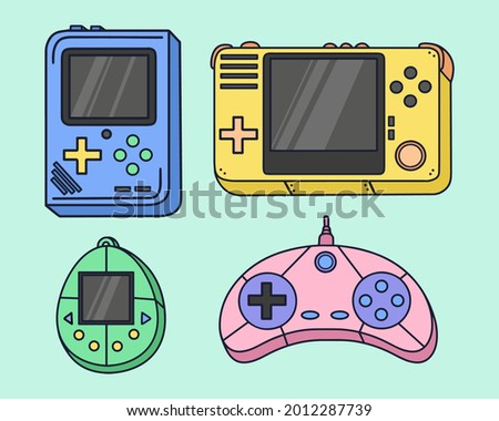 Set of retro video game consoles. Tamagotchi, gamepad, gameboy, controller. Simple, cartoonish style. Elements for design and illustrations. Bright colors.