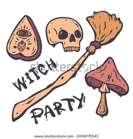 Design elements and illustrations. Set of Halloween, holiday, spooky. Doodle cartoon style. Vector. Witch set. Mushroom, Luigi's board, skull, broom.