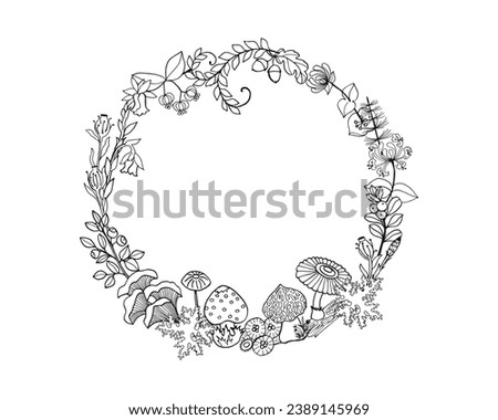 Decorative template from a round frame with a wreath ornament of forest plants, mushrooms, berries and flowers. Vector image with black outline and white fill.