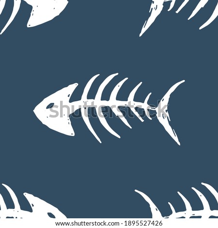 Fish bones Seamless pattern. Fish skeleton doodle, Hand drawn Cartoon Vector illustration.