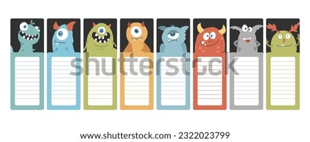 Bookmarks with cute monster set, Cartoon monsters sticker collection. Vector illustration