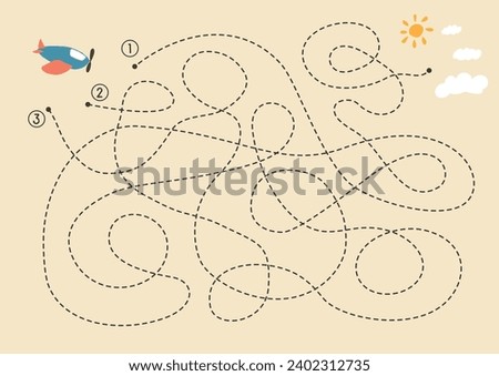 Labyrinth, Maze game for children. Logical puzzle for kids. Quest to find the right path for a plane to fly to the sky. Vector illustration A4 - ready to print format.