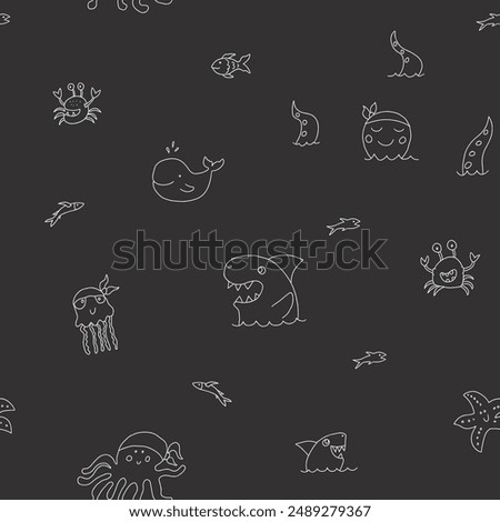 Cute shark and kraken Seamless Pattern. Cartoon sea animals and fish background. Vector illustration.