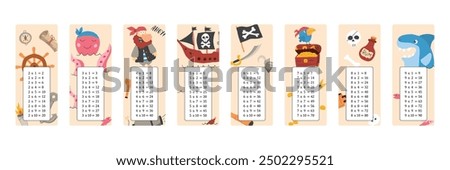 Multiplication table with cute Pirates items, Cartoon Pirate elements bookmarks collection. Vector illustration.