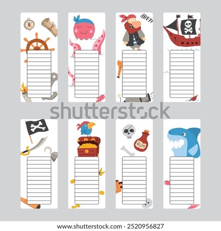 Bookmarks with cute Pirates items, Cartoon Pirate elements sticker collection. Vector illustration.