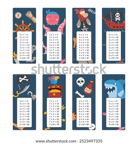 Multiplication table with cute Pirates items, Cartoon Pirate elements bookmarks collection. Vector illustration.