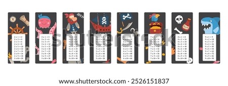 Multiplication table with cute Pirates items, Cartoon Pirate elements bookmarks collection. Vector illustration.