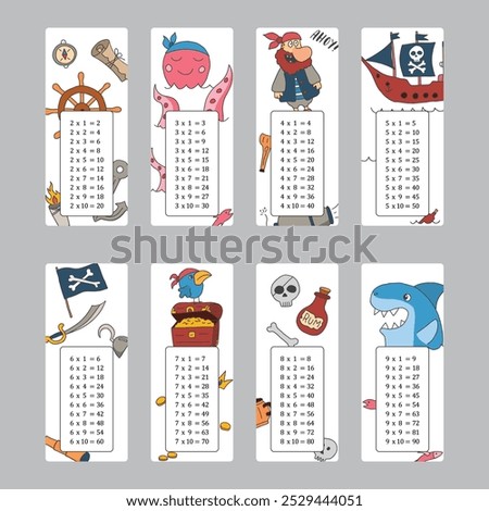 Multiplication table with cute Pirates items, Cartoon Pirate elements bookmarks collection. Vector illustration.