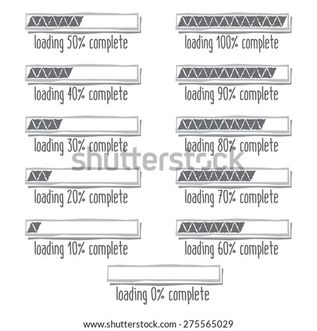 progress loading bar from 0 to 100 percent complete, hand drawn effect, set on grey background.