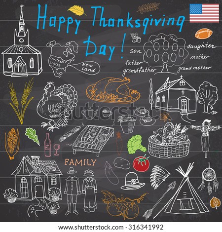 Thanksgiving doodles set. Traditional symbols sketch collection, food, drinks, turkey, pumpkin, corn, wine, vegetables, indians and pilgrims items, Freehand vector drawing and lettering on chalkboard.