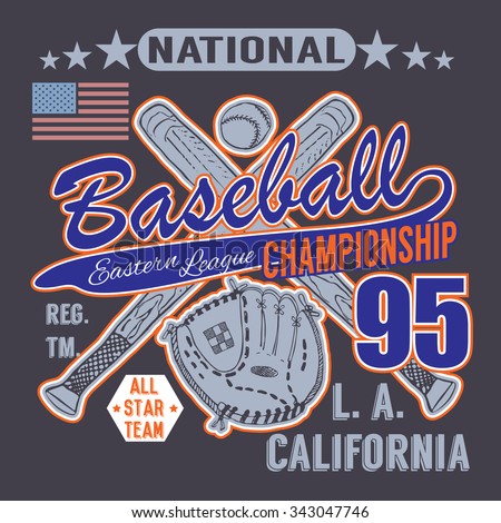 Baseball sport typography, Eastern league los angeles, sketch of crossed baseball bats and glove t-shirt Printing design graphics, vector illustration poster, Badge Applique Label.