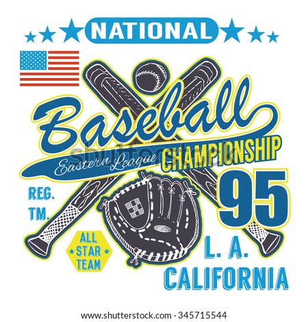 Baseball sport typography, Eastern league los angeles, sketch of crossed baseball batsand glove t-shirt Printing design graphics, vector illustration poster, Badge Applique Label.