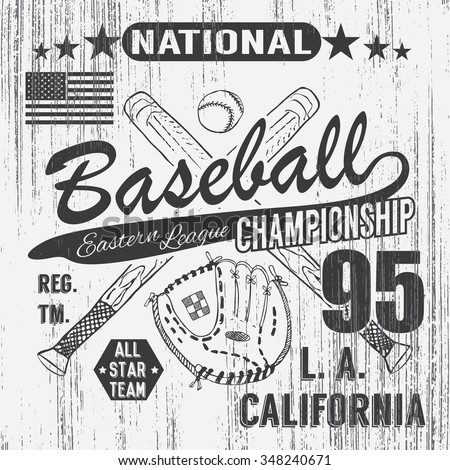 Baseball sport typography, Eastern league los angeles, sketch of crossed baseball bats and glove t-shirt Printing design graphics, vector illustration poster, Badge Applique Label.