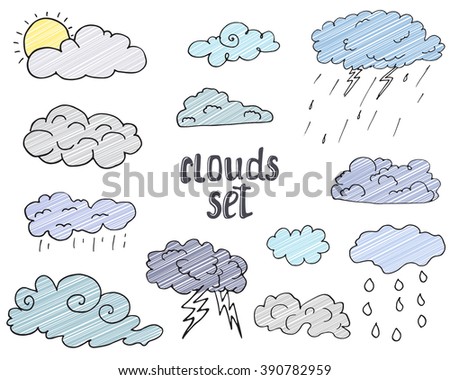 Hand drawn Doodle set of different Clouds, sketch Collection  vector illustration isolated on white.