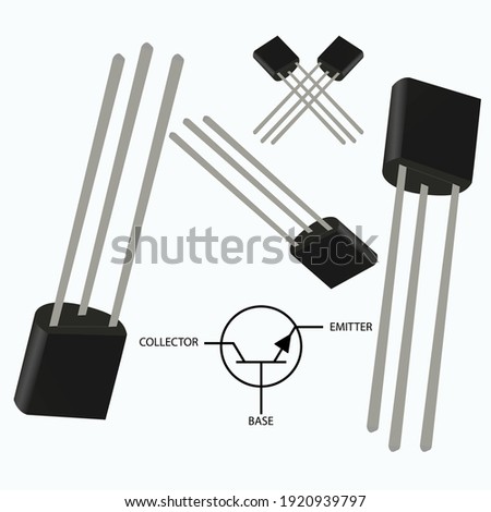Electronic component icon, Illustration of black NPN semiconductor transistor with three metallic pins, 
Electronic transistors vector icon in white background.
