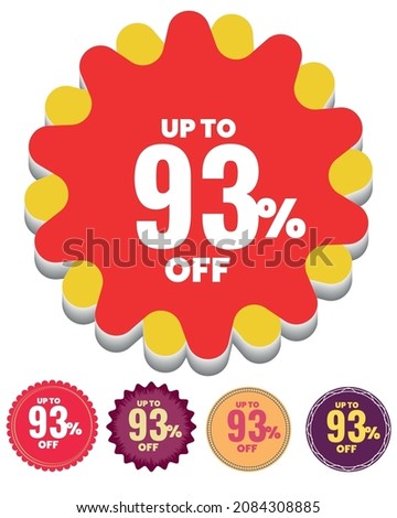 Sale up to 93 percent off tag in high-quality vector file, sale label symbol for shopping mall, 93% sale promotion 5 round icons for your sell offer.  