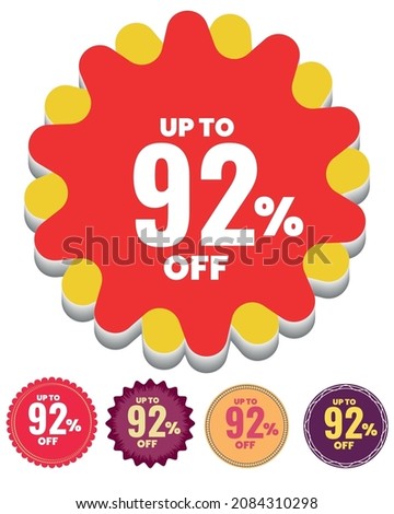 Sale up to 92 percent off tag in high-quality vector file, sale label symbol for shopping mall, 92% sale promotion 5 round icons for your sell offer.  