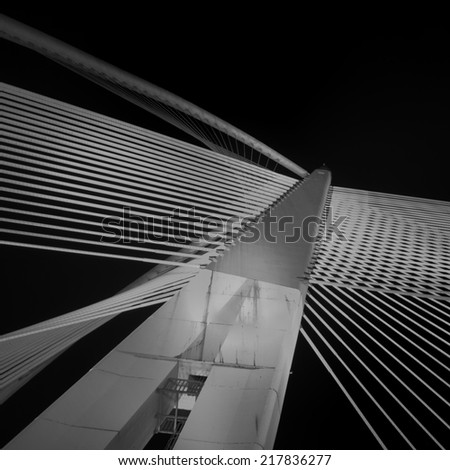 Elasticity of the bridge\'s string and the futuristic architecture. Image has certain noise and soft focus when view at full resolution ( black and white ).