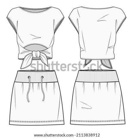 Top and skirt for women fashion flat sketch template. Crop top and skirt knitted fashion flat drawing template. Sportwear set flat template. 
