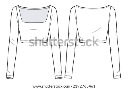 Long Sleeved Crop Top fashion technical drawing template. Women's cropped Shirt fashion flat Illustration, square neckline, long sleeve, slim fit, front, back view, white colour, women, CAD mockup.