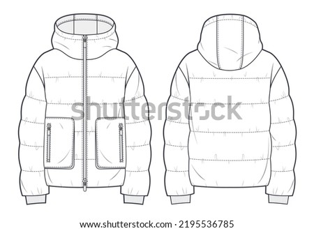 Unisex Hooded Zip-up Puffer Jacket technical fashion Illustration. Cropped Down Jacket technical drawing template, long sleeve, pocket, front and back view, white, women, men, unisex CAD mockup.
