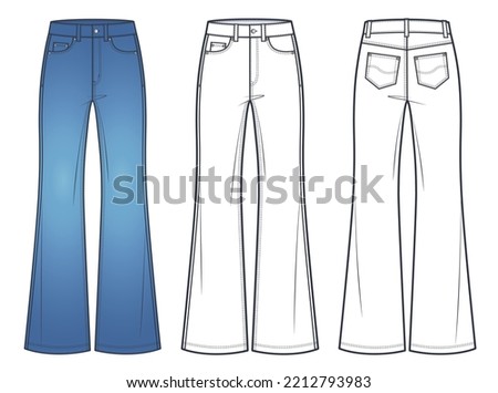 Unisex Jeans flared bottom, Denim Pants technical fashion illustration, blue design. Jeans Pants with full length, medium waist, flared fit, front view, back view, white, women, men, unisex CAD mockup