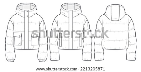 Hooded Puffer Jacket technical fashion Illustration. Cropped  Down Jacket technical drawing template, long sleeve, pocket, front and back view, white, women, men, unisex CAD mockup set.