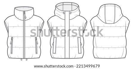 Cropped Down Jacket Vest  technical fashion Illustration.  Hooded Puffer Jacket Vest technical drawing template, sleeveless, pocket, front and back view, white, women, men, unisex CAD mockup set.