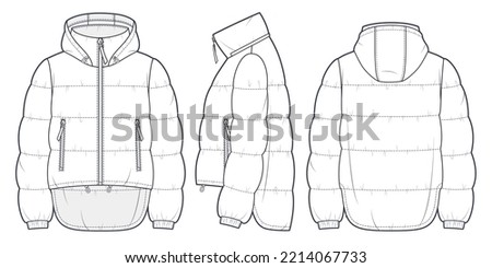 Hooded Puffer Jacket technical fashion Illustration. Unisex Down Jacket technical drawing template, long sleeve, pocket, asymmetric hem, front, side, back view, white, women, men, unisex CAD mockup. 