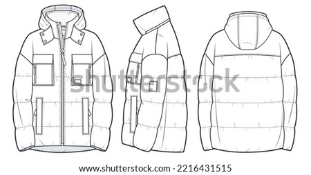Hooded down Jacket, Coat technical fashion Illustration. Padded Jacket fashion flat drawing template, zip closure, multi pockets, front, side and back view, white color, women, men, unisex CAD mockup.
