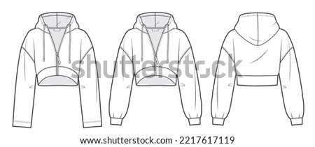 Cropped Hoodie Sweatshirt technical fashion illustration. Oversize Sweatshirt fashion technical drawing template, zip-up, long sleeve, front and back view, white, women, men, unisex cad mockup set.
