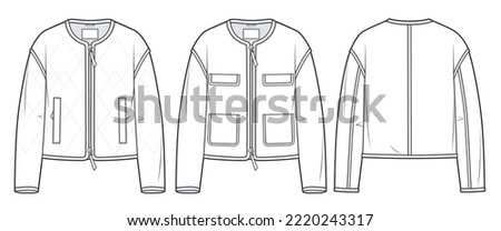 Women's quilted padded Jacket technical fashion Illustration. Crop Jacket technical drawing template, zip-up, long sleeve, pockets, front and back view, white, CAD mockup set.