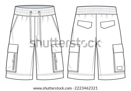 Unisex Cargo Shorts technical fashion Illustration. Short Pants fashion flat technical drawing template, front and back view, pockets, elastic waistband,  white, women, men, unisex CAD mockup set.