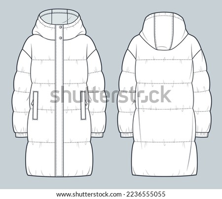 Unisex Puffer Coat technical fashion Illustration. Hooded quilted padded Down Jacket technical drawing template, long sleeve, pockets, front and back view, white, women, men, unisex CAD mockup.
