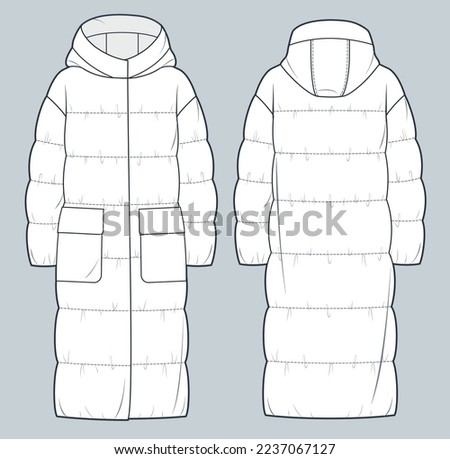Puffer Coat technical fashion Illustration. Hooded quilted padded down Jacket technical drawing template, long sleeve, pockets, front and back view, white, women, men, unisex CAD mockup.