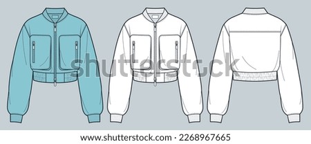 Bomber Jacket fashion flat technical drawing template. Oversize Jacket, Sweatshirt technical fashion Illustration, front, back view, white, pockets, zip-up, women, men, unisex CAD mockup set.