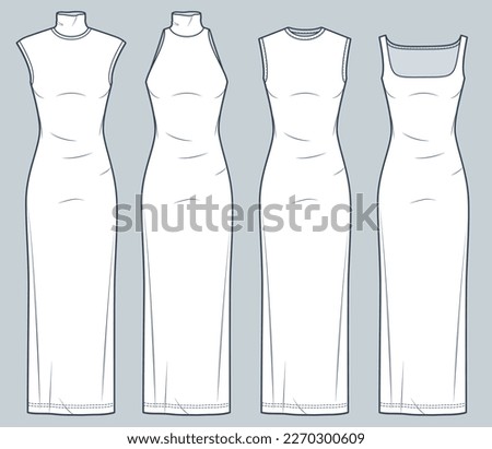 Set of maxi Dress technical fashion illustration. Jersey sleeveless Dress fashion flat technical drawing template, slim fit, roll and square neckline, front and back view, white, women CAD mockup set.